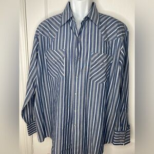 Vintage Plains Western Wear Blue Striped  Pearl Snap Mens Shirt